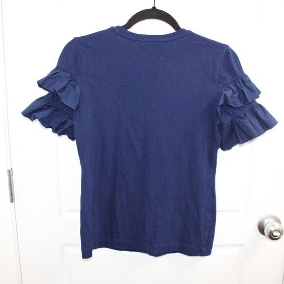 Tory Burch Womens Cotton Jersey Knit Ruffled Short Sleeve Shirt Navy Blue XS - Picture 3 of 3